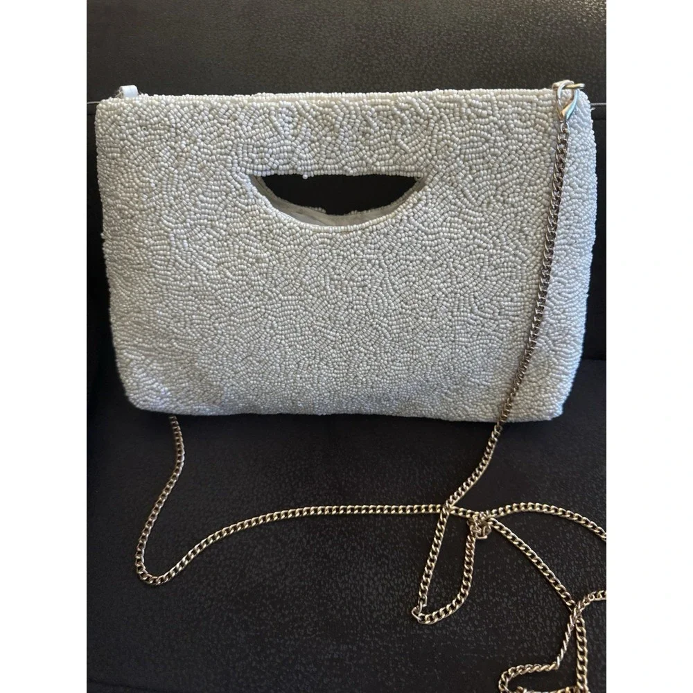 Rachel Zoe Beaded Donut Clutch‎ Cream Gold Chain Crossbody Novelty Bag NEW